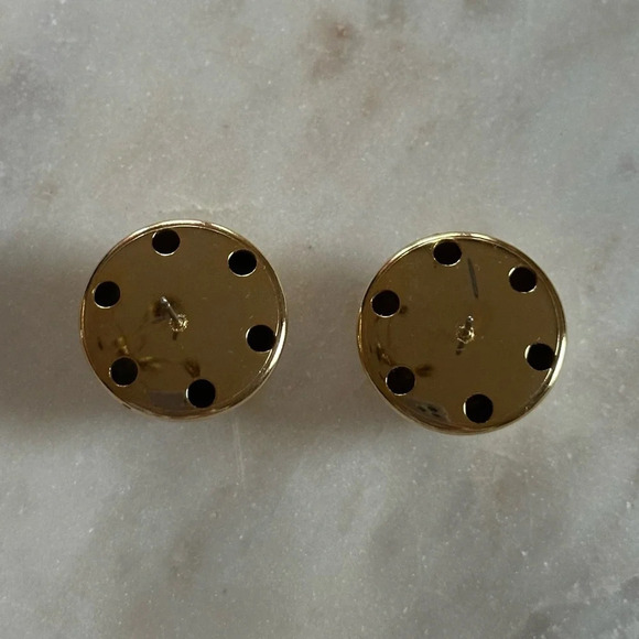 Vintage Gold Tone Earrings Large Round Stud Textured Checkered Diamond Pattern - Picture 3 of 6
